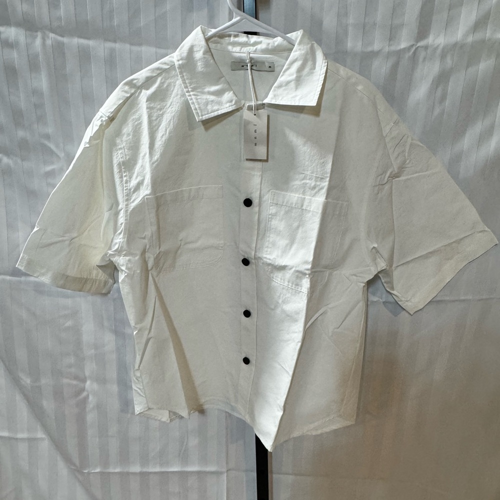 MNML White Short-Sleeve Button-Down Shirt with Black Buttons